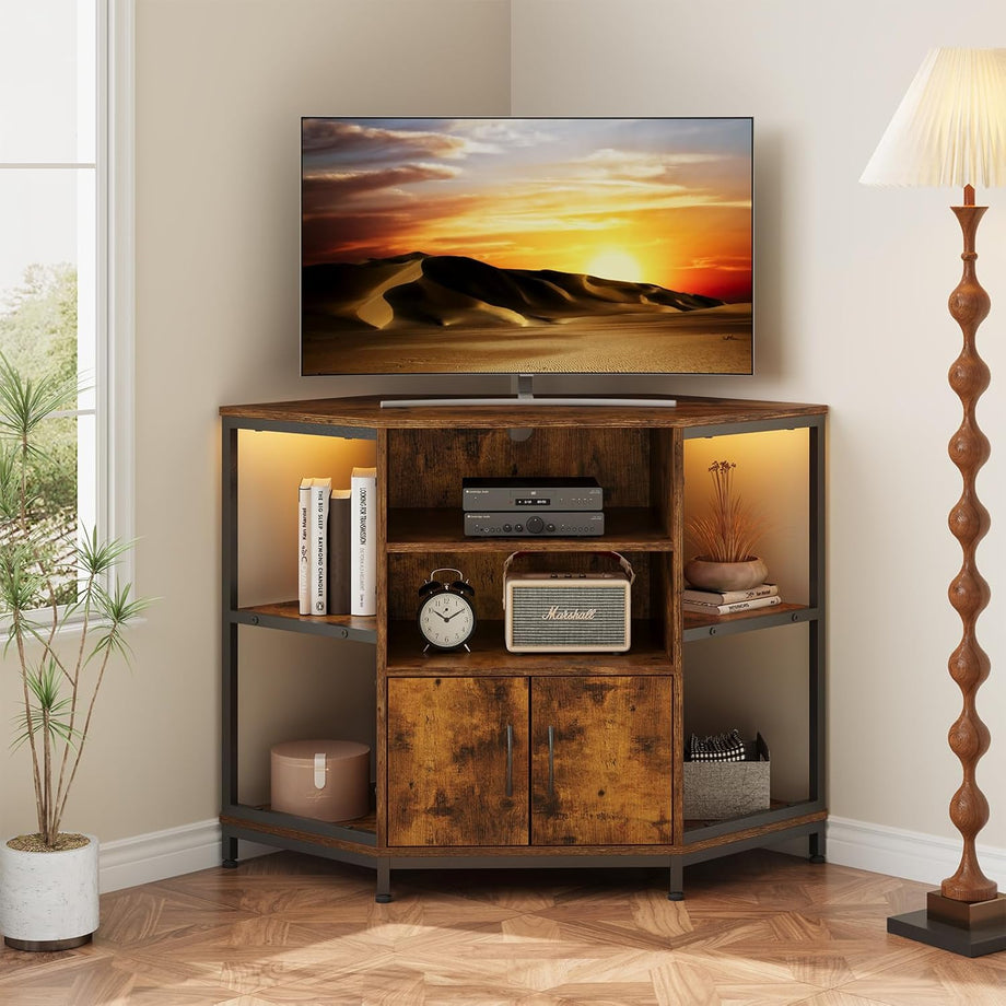 Dripex 105 x 50 x 79 cm Vintage Design TV Corner Cabinet with LED Lighting, Corner TV Unit Stand Table with 2 Doors and Shelves Entertainment Center Media Console for Living Room