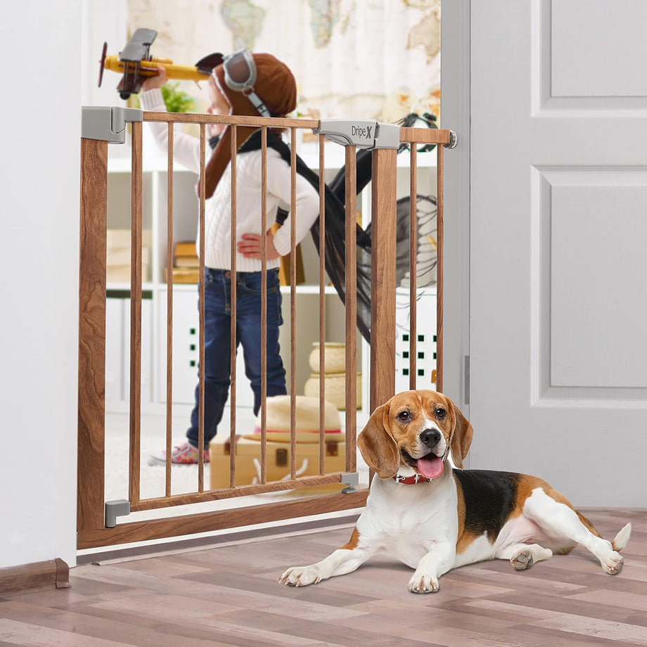 Dripex Stair Gate for Baby and Pet, Safety Pressure Fit, Metal Doors Stairs, Adjustable 75cm - 82cm, Auto Close Gate, One-Handed Operation-Wood Pattern Color