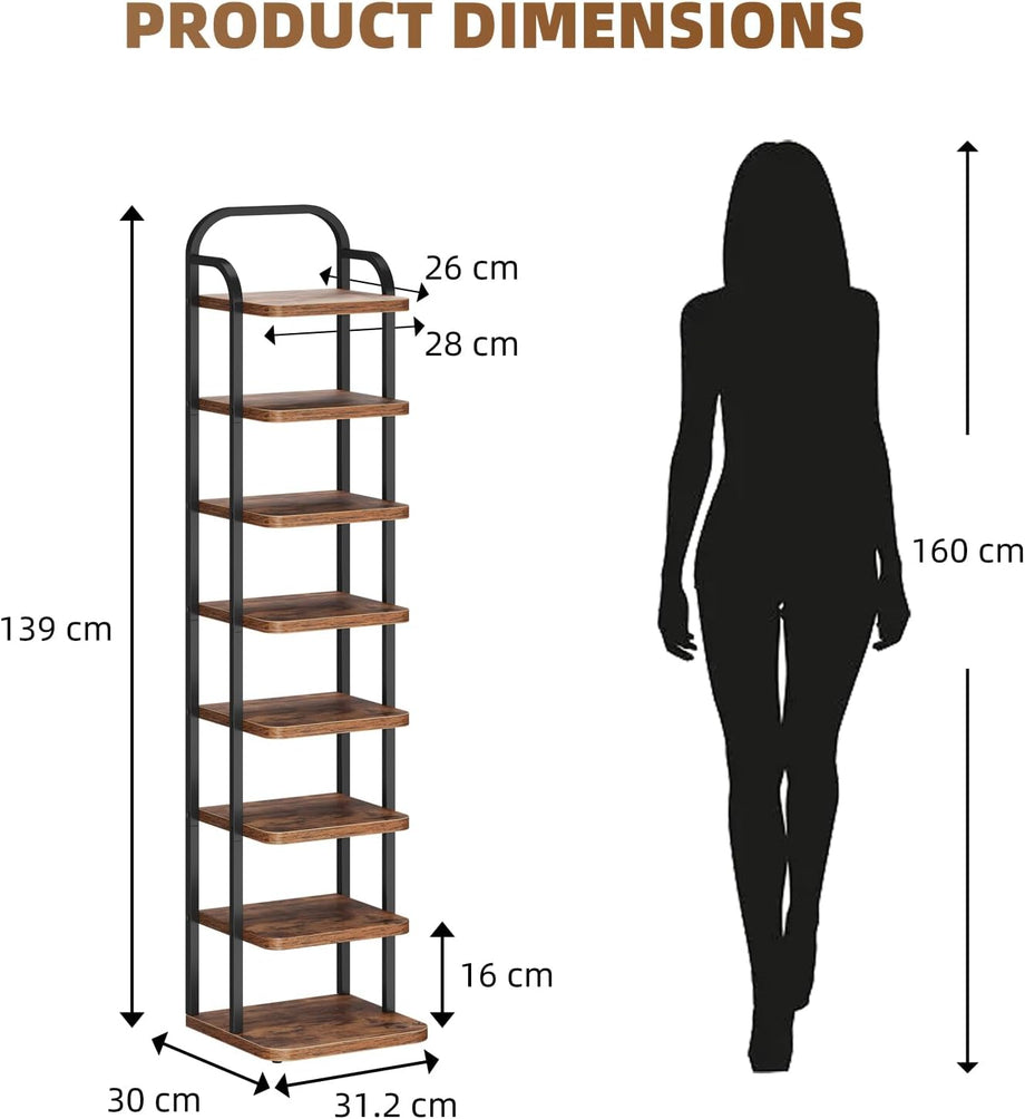 Dripex Adjustable Narrow Shoe Rack Organizer, Space Saving Vertical Tall Shoe Shelf, Sturdy Multifunctional Entryway Hallway Living Room Storage Shelf Rustic Brown