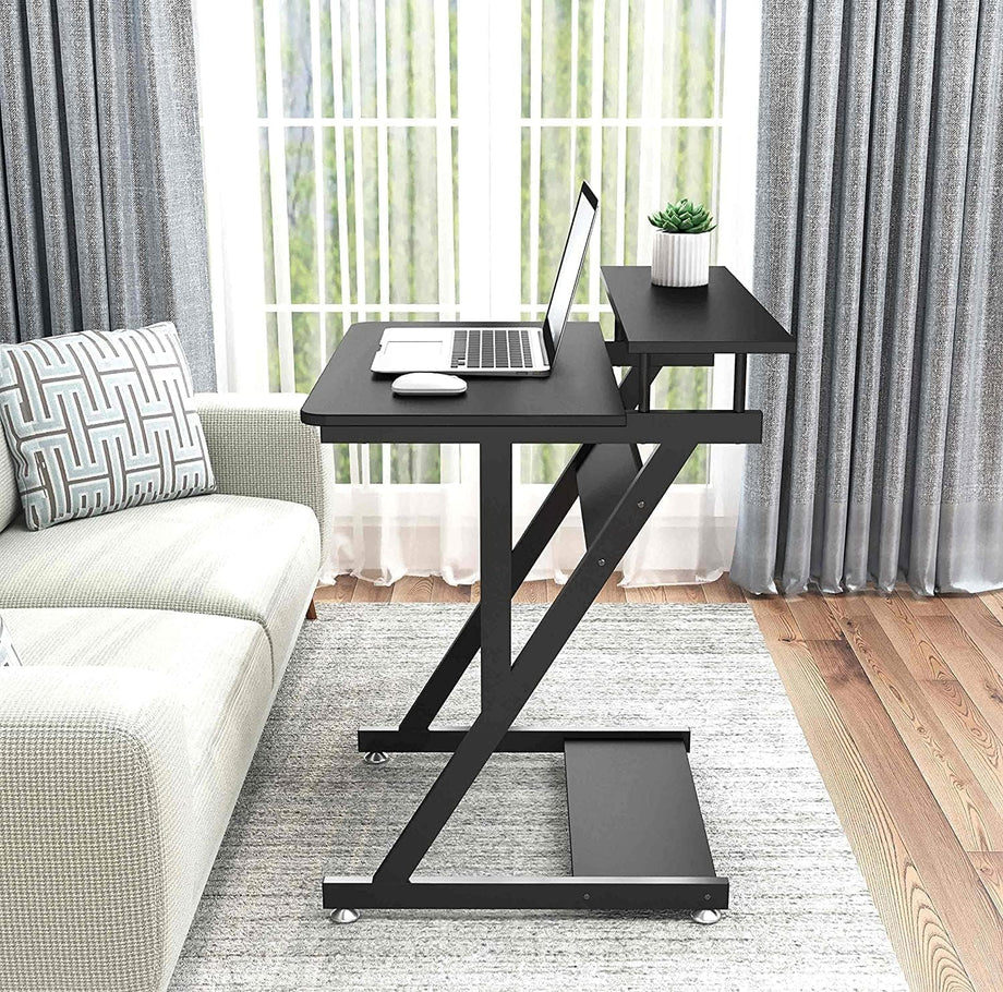Dripex Computer Desk with Monitor Shelf - Mobile Z Shaped Home Office Desk with Storage Shelves and Movable Wheels for Small Spaces, Compact Corner Desk Space-Saving