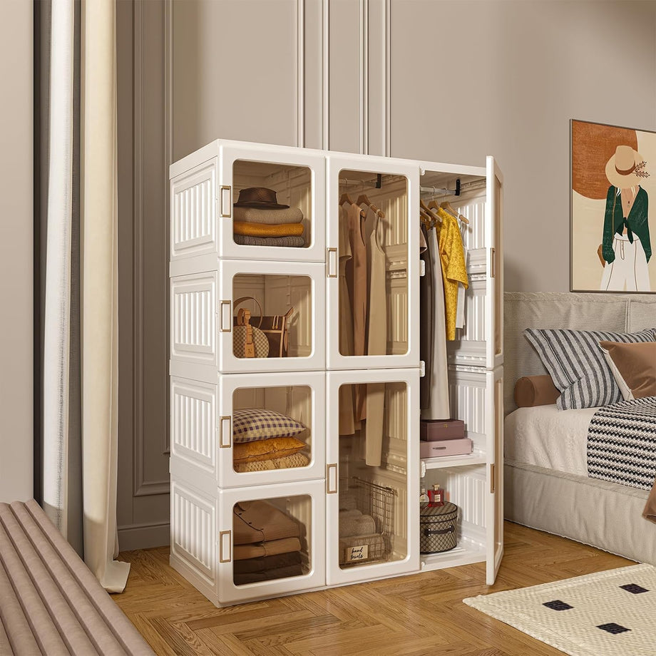 Dripex Portable Wardrobe Closet Storage Organizer Transparent Door Panels, Plastic Wardrobe with Magnetic Door, Suitable for Living Room, Bedroom, Easy Assembly