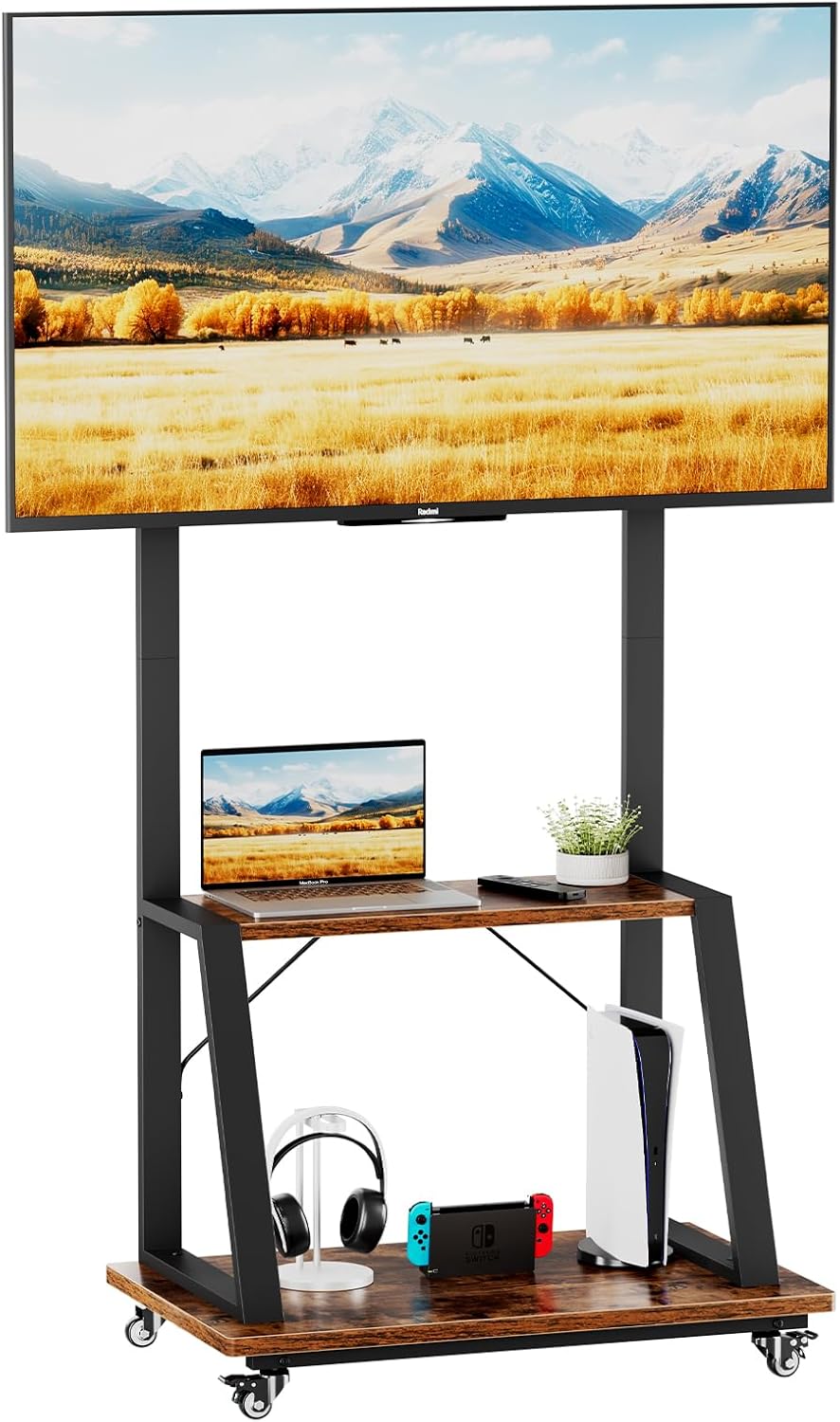 Dripex Mobile TV Stand on Wheels for 32-70 Inch TVs, Adjustable Height TV Cart with Bracket Mount max VESA 600x500mm max 80kgs with 2 Tier Storage Shelves for Bedroom, Living Room, Home Gym