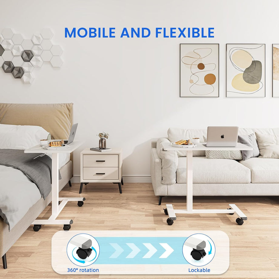 Dripex Pneumatic Height Adjustable Overbed Bedside Table with Wheels, 80 × 40 cm Standing C Shaped Laptop Desk, Small Rolling Bed & Sofa Side Table for Bedroom Living Room