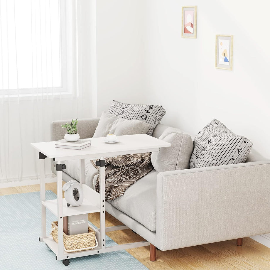 Dripex C Shaped Side Table, 80 x 40 x 68-89 cm Height Adjustable Overbed table with Wheels, Sofa Bedside Laptop Table with 2 Tiers Storage Shelves, Coffee Snack Table for Living Room, Bedroom