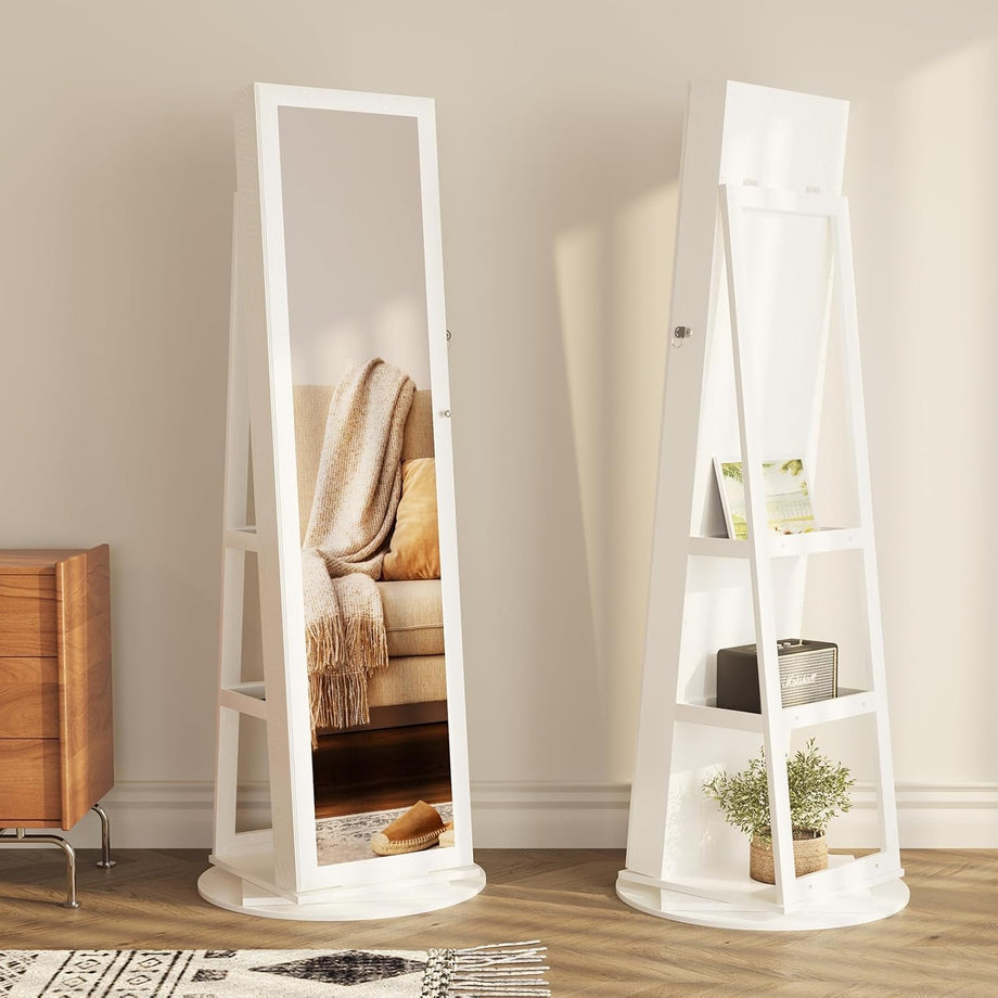 Dripex Jewelry Organiser Mirror Wardrobe, 360° Swivel Jewelry Storage, Lockable, 3 in 1 Free Standing Mirror with Storage Shelves