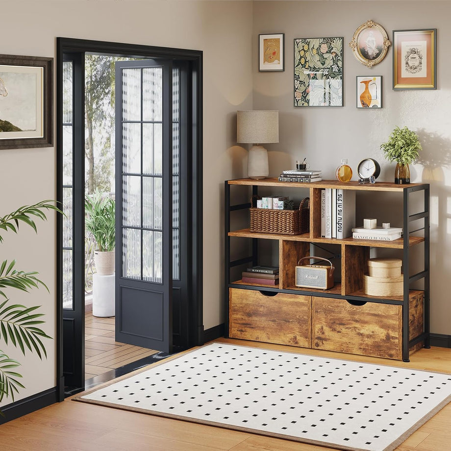 Dripex 4 Tier Wooden Rustic Brown Standing Shelves, 100D x 33W x 90H cm, 5 Compartments & 2 Drawers with Swivel Casters，Display Storage Shelf with Steel Frame, Low Bookcase for Living Room or Office