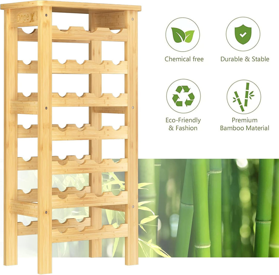 Dripex 7-Tier Bamboo Wine Rack Free Standing, 27 Bottles Wine Holder Display Storage Shelves with Table Top for Home, Kitchen, Pantry 47D x 29W x 102Hcm