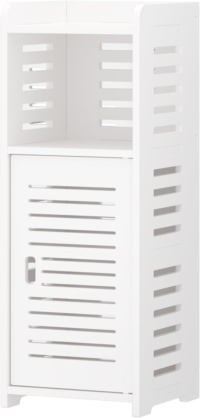 Dripex 4 Tier Bathroom Floor Cabinet, 30W x 30D x 80H cm, White Storage Cabinet with Door, Narrow Free Standing Cupboards Adjustable Shelves for Bathroom or Bedroom
