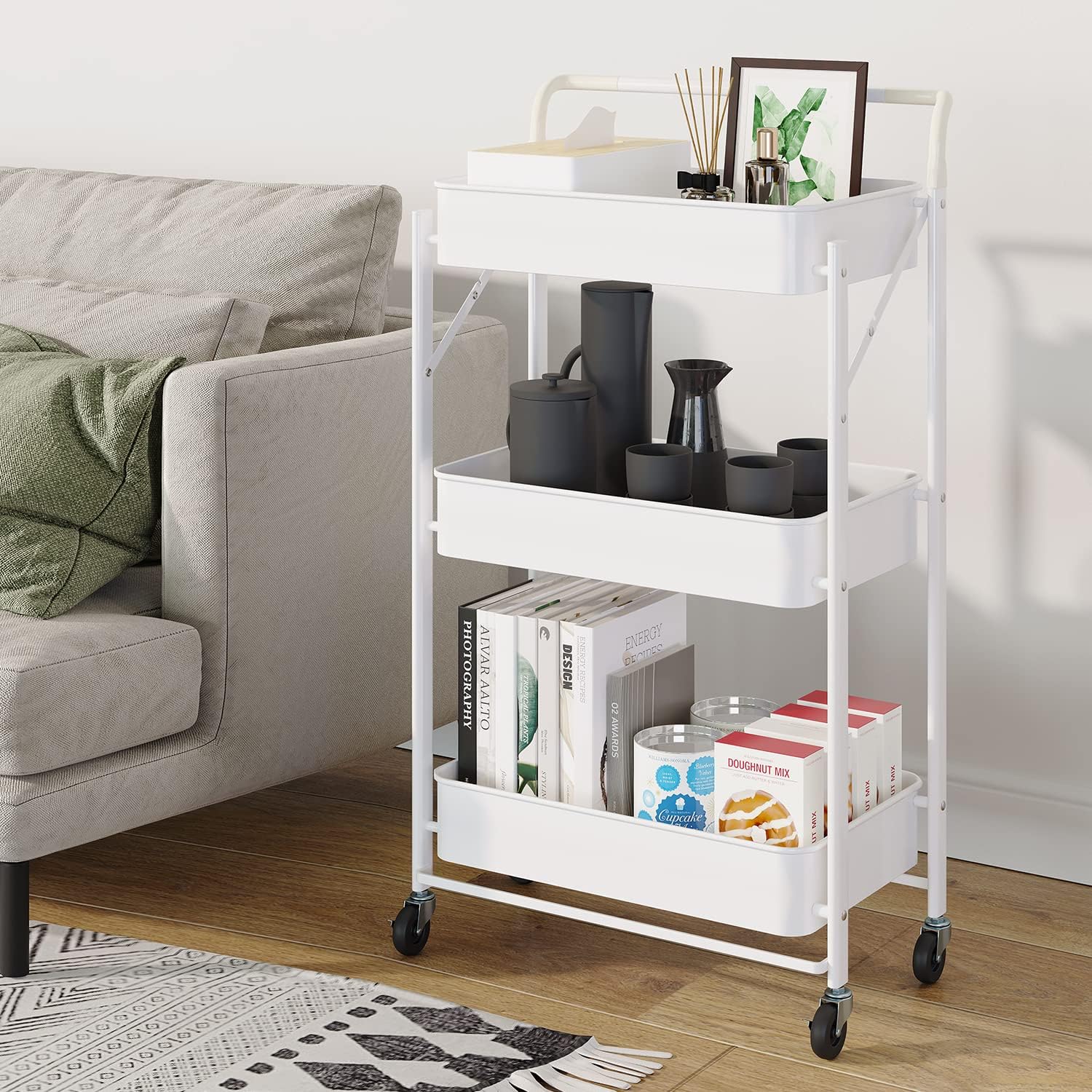 Foldable Storage Trolley Cart 3 Tier Metal Rolling Organizer Cart Casters Mobile Utility Service Cart Kitchen Bathroom Office Laundry