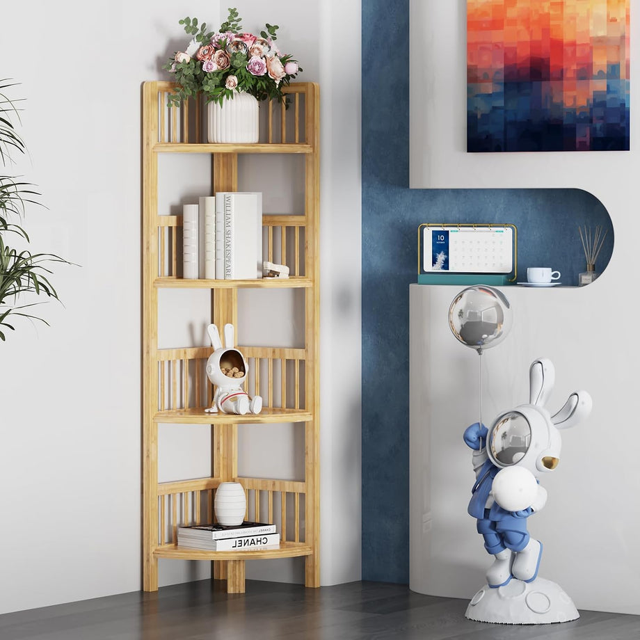 Dripex Bamboo Corner Shelf, Narrow Bookshelf for Small Space, Floor Standing Storage Display Rack for Living Room, Bedroom, Home or Office
