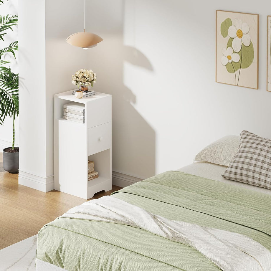 Dripex Slim Bedside Table, Bedside Cabinet with Drawer, Wooden End Table | 25D x 30W x 65H cm, 4 Tier, Nightstand, Sofa Side Table, Bedroom Side Table, Storage Drawer, Space Saving