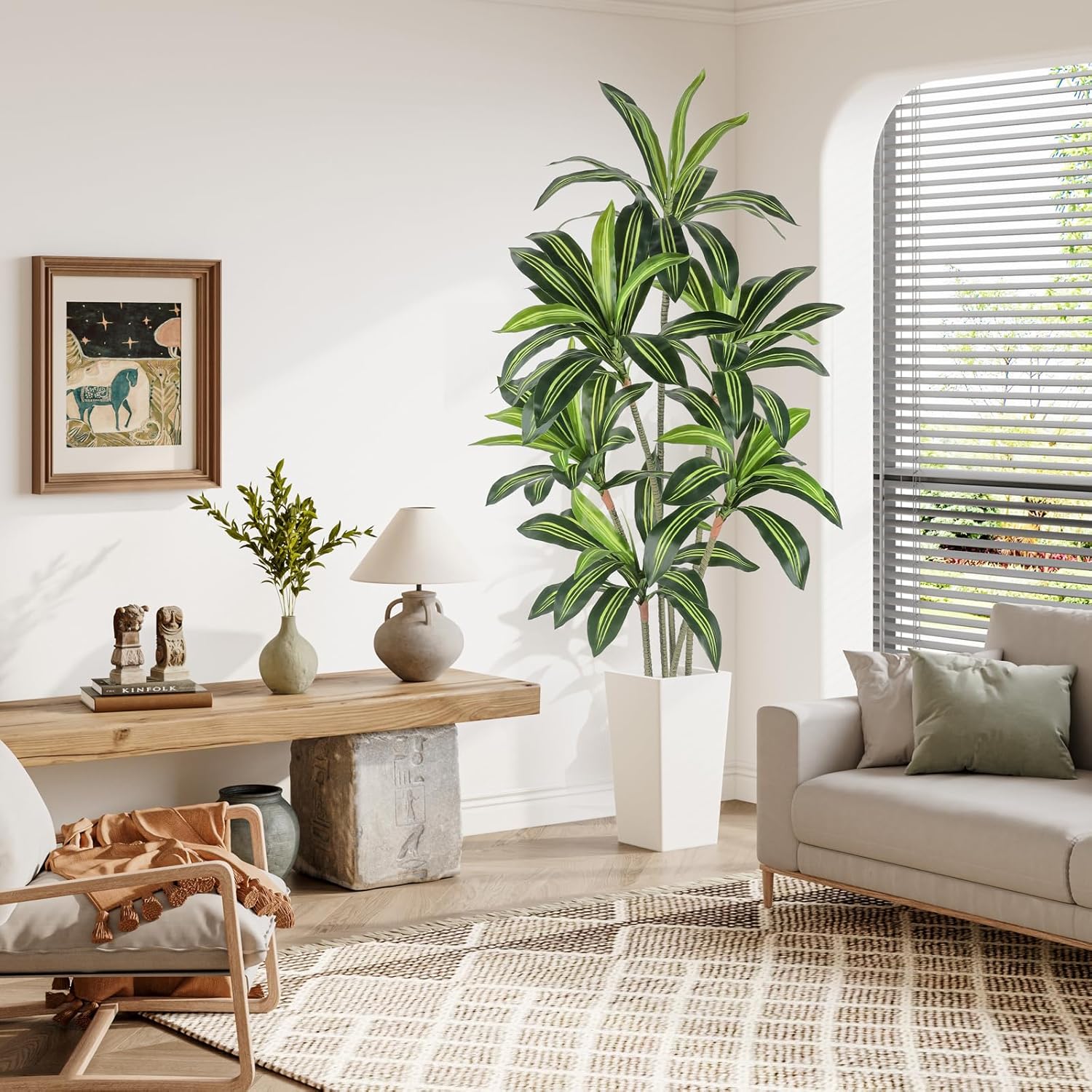 5FT 6FT Artificial Dracaena Tree Tall Planter Lifelike Fake Silk Tree Indoor Faux Dracaena Tall Plant Living Room Bedroom Balcony Corner Office Decor
