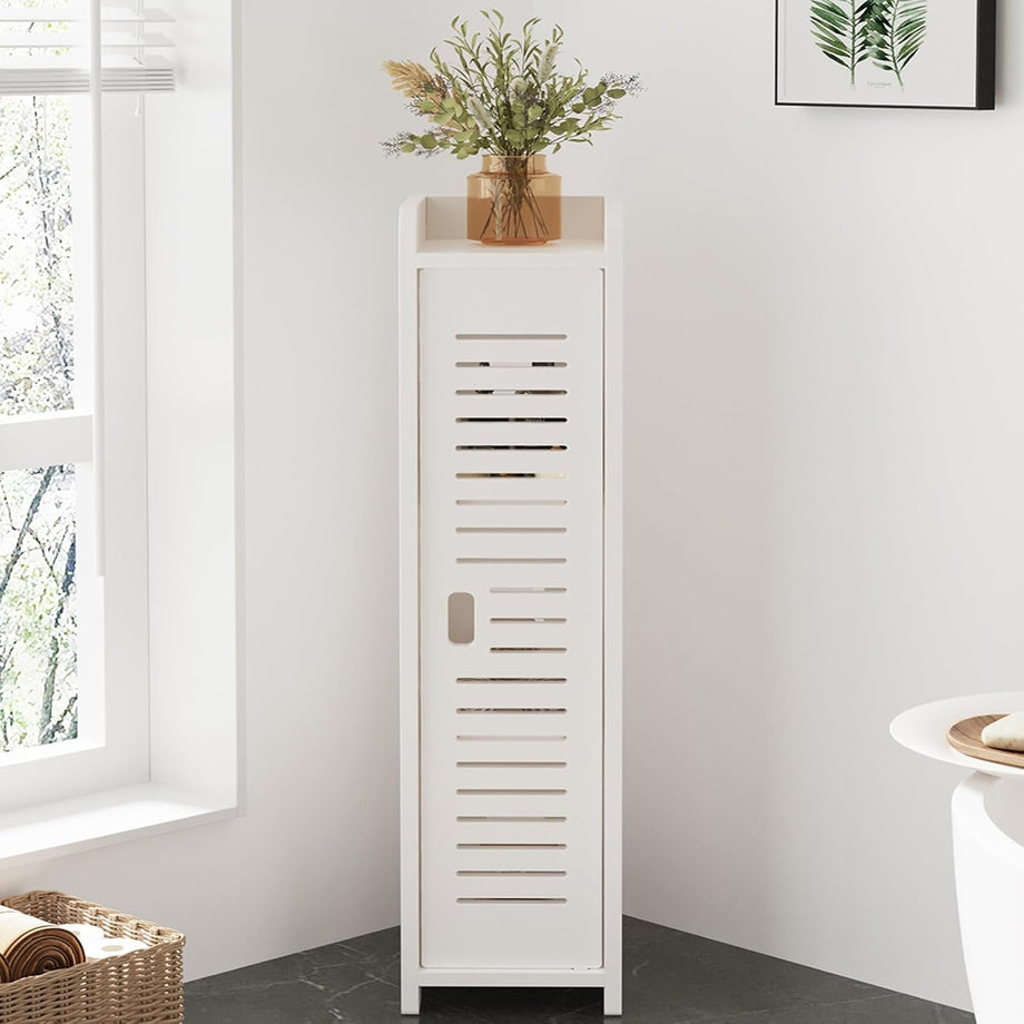 Dripex 4 Tier Bathroom Floor Cabinet, 18W x 20D x 80H cm, Slim White Storage Cabinet with Door, Narrow Free Standing Cupboards Adjustable Shelves for Bathroom or Bedroom