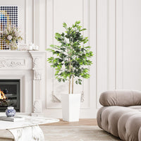 YOLEO 5FT/6FT Artificial Ficus Tree with White Tall Planter, Lifelike Fake Silk Tree Indoor, Faux Ficus Tall Plant for Living Room Bedroom Balcony Corner Office Decor