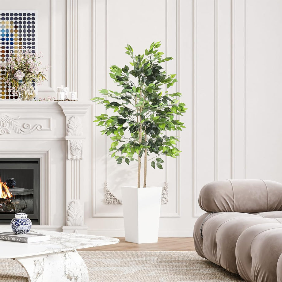 YOLEO 5FT/6FT Artificial Ficus Tree with White Tall Planter, Lifelike Fake Silk Tree Indoor, Faux Ficus Tall Plant for Living Room Bedroom Balcony Corner Office Decor