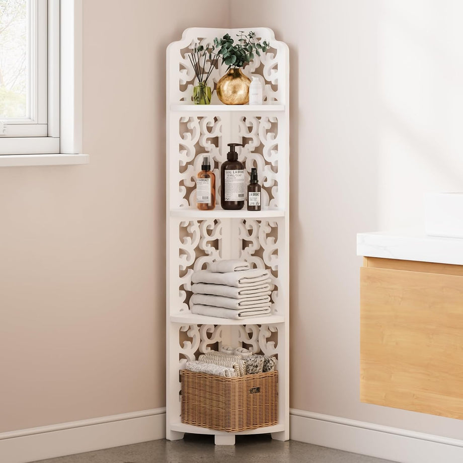 Dripex 3 Tier/4 Tier Baroque White Corner Shelf, Narrow Bathroom Shelves for Small Space, Floor Standing Storage Display Rack for Living Room, Bedroom or Home