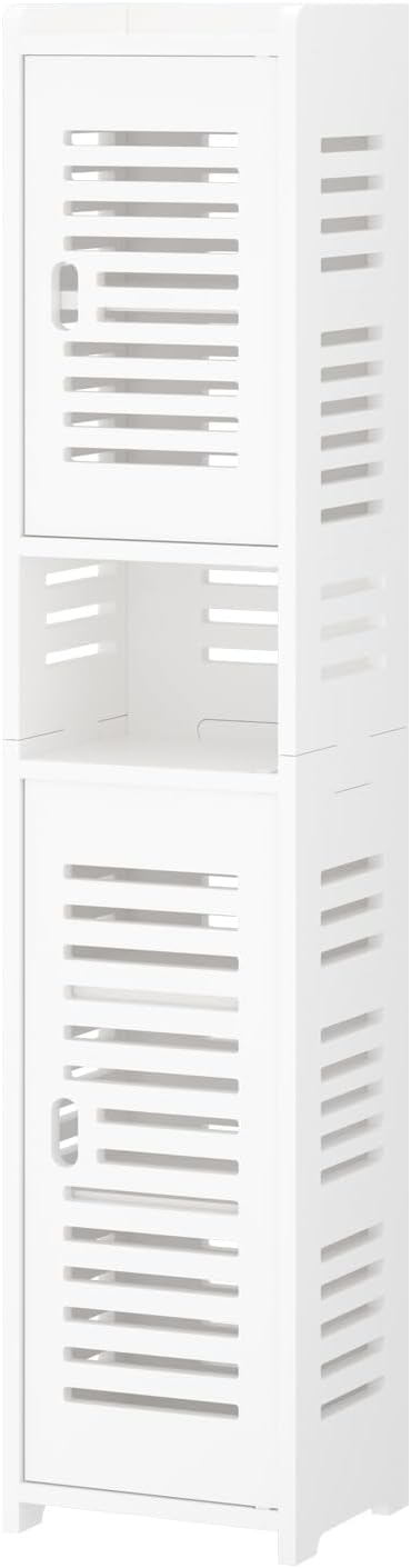 Dripex 7 Tier Tall Bathroom Floor Cabinet, 20W x 20D x 118H cm, Slim White Storage Cabinet with Door, Narrow Free Standing Cupboards Adjustable Shelves for Bathroom or Bedroom