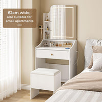 Dripex Dressing Table Set with LED Lighting Mirror, With/Without Power Outlet, 3 Light Colors, Adjustable Brightness, Vanity Table with Stool, Wooden Drawer, Storage Shelves, Compact White Makeup Desk