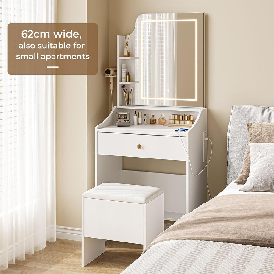 Dripex Dressing Table Set with LED Lighting Mirror, With/Without Power Outlet, 3 Light Colors, Adjustable Brightness, Vanity Table with Stool, Wooden Drawer, Storage Shelves, Compact White Makeup Desk