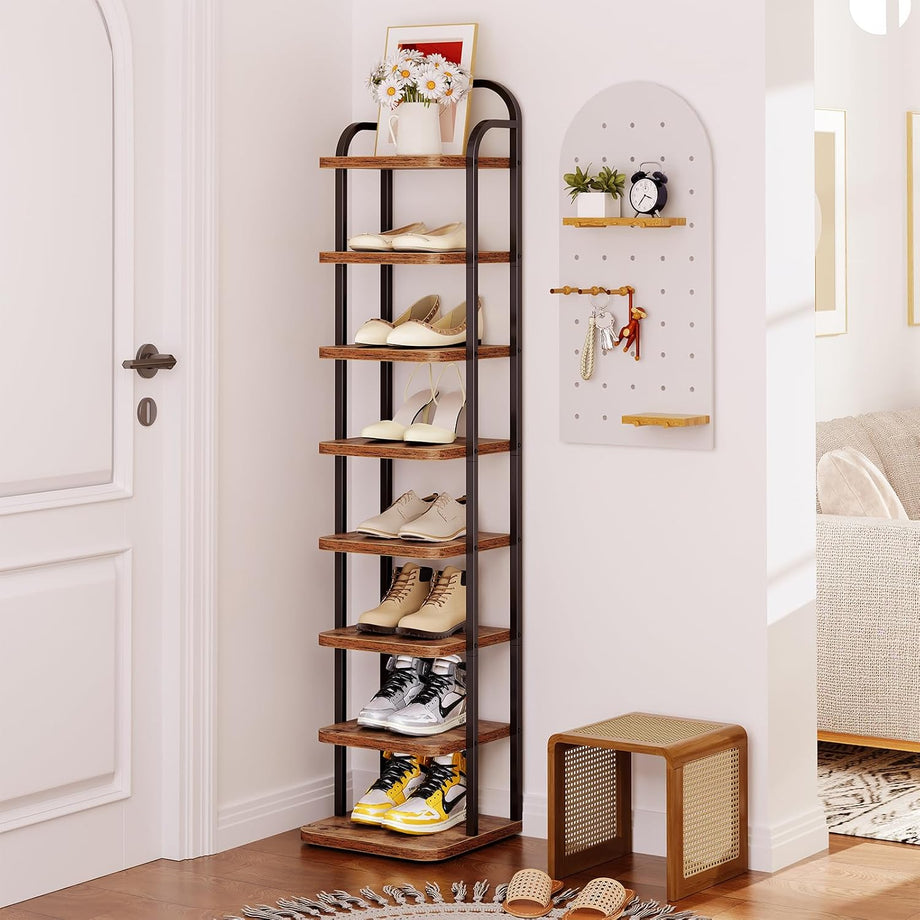 Dripex Adjustable Narrow Shoe Rack Organizer, Space Saving Vertical Tall Shoe Shelf, Sturdy Multifunctional Entryway Hallway Living Room Storage Shelf Rustic Brown