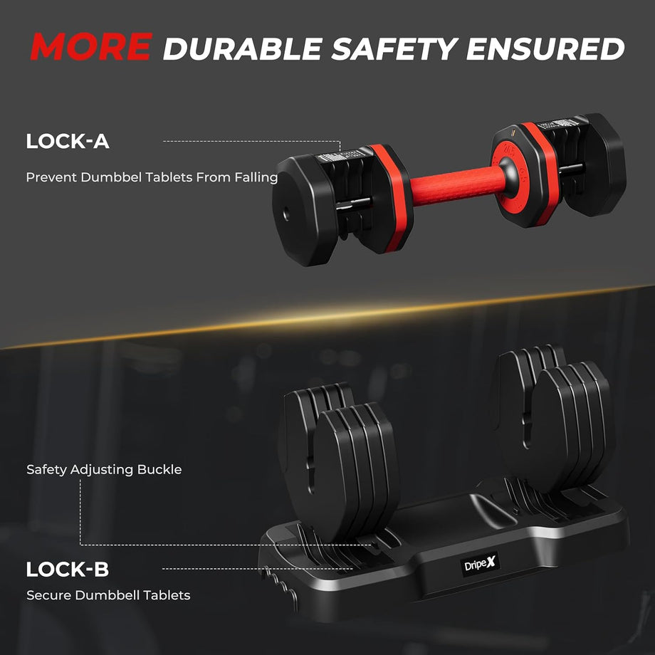 Dripex Adjustable Dumbbells 11kg/24.5kg Dumbbell Weights Pair for Men | Quick-Adjust Non-Slip Handle, Fast Weight Set for Saving Place, Home Gym Fitness Training, Safety Locking Mechanism