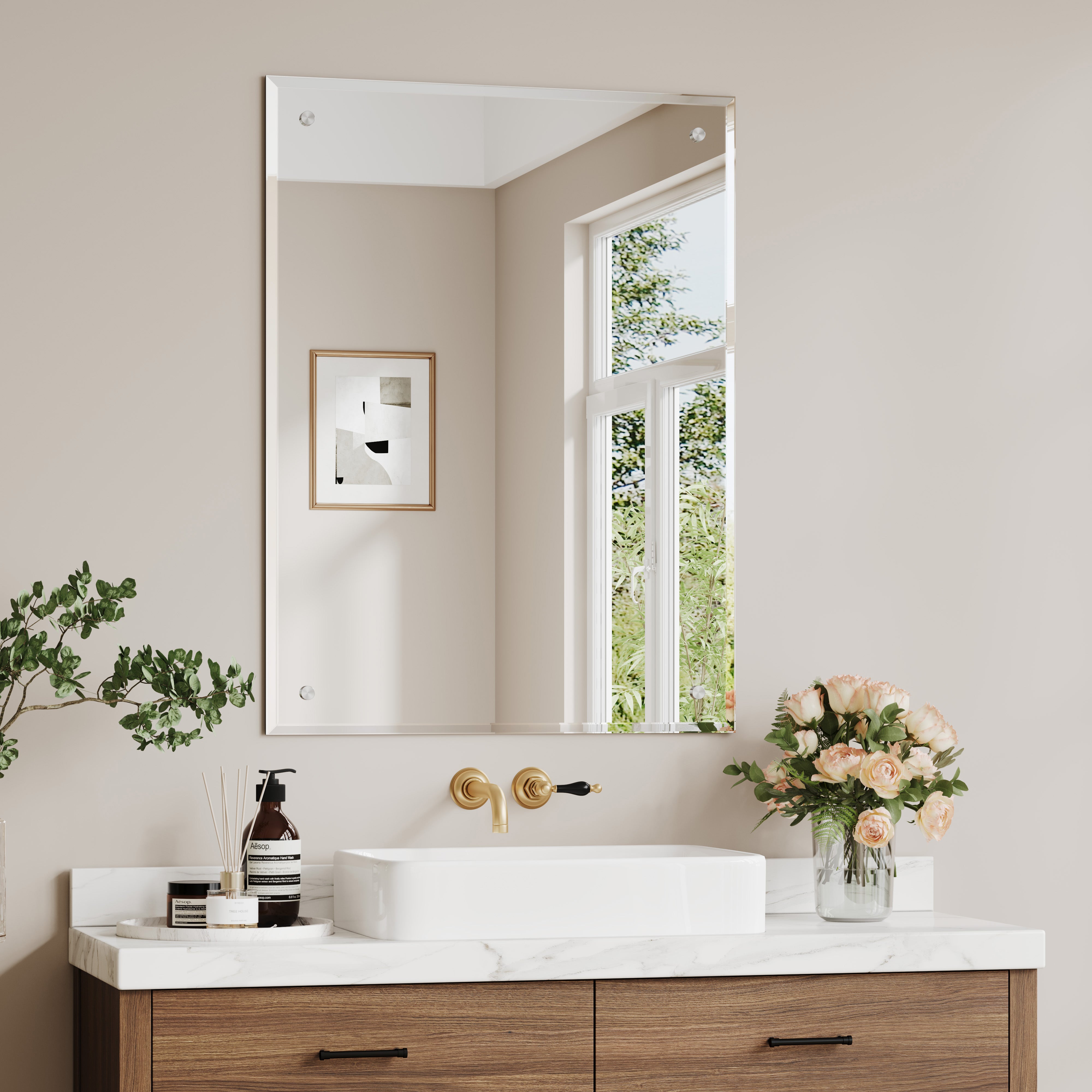 Frameless Bathroom Mirror Wall Mounted Bathroom Mirror Bevelled Edge &amp Pre Drilled Holes Dressing Room Bedroom Living Room