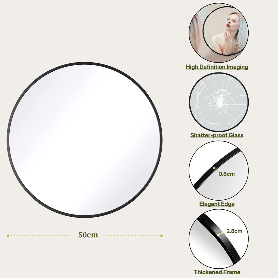 Dripex Round Mirror, 40 to 90cm Circle Hanging Wall Mirror - Home Decorative Wall Mounted Vanity Mirror for Bathroom, Dressing Room & Living Room