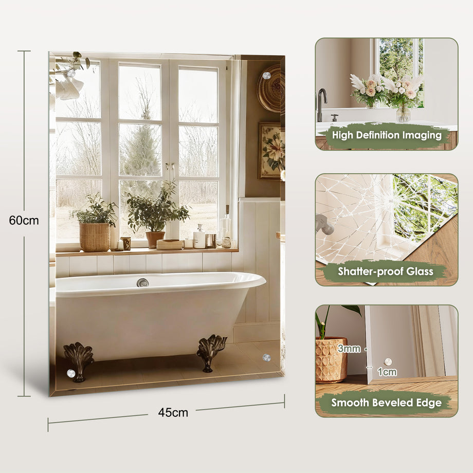 Dripex Frameless Bathroom Mirror, Wall Mounted Bathroom Mirror with Bevelled Edge & Pre-Drilled Holes for Dressing Room Bedroom Living Room