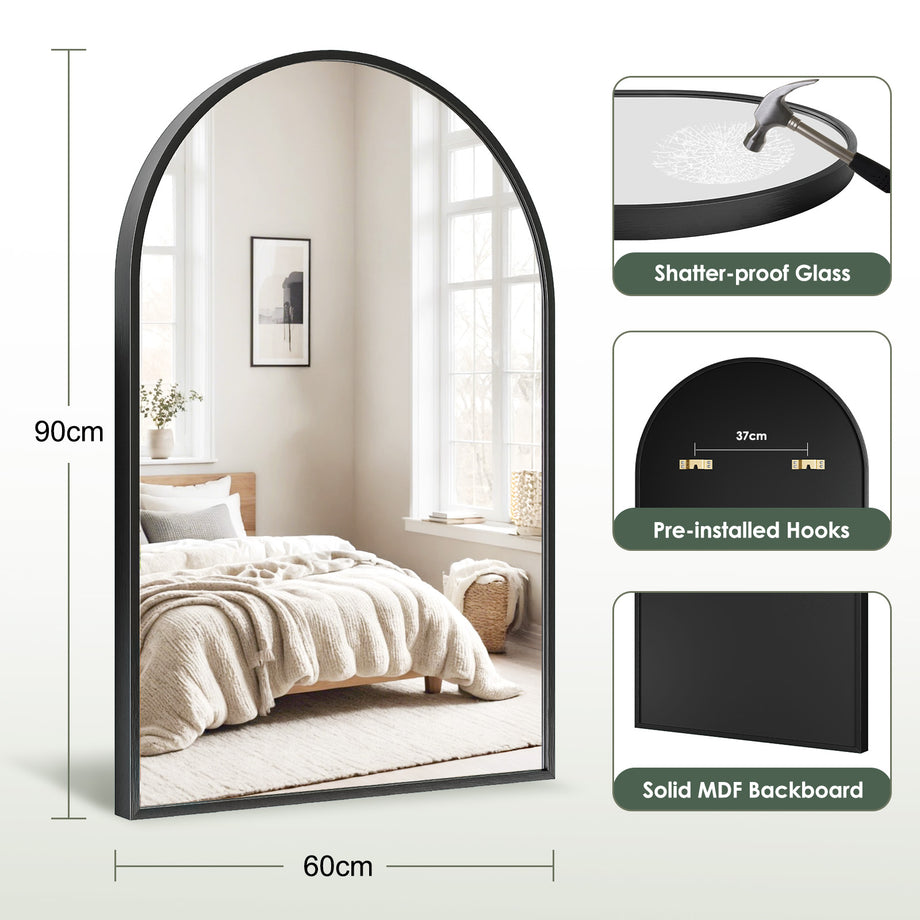 Dripex Arched Mirror, 75 x 50cm/90 x 60cm Wall-Mounted or Leaning, Pre-Fitted Holes & Fixing Kit, for Bathroom, Living Room & Bedroom