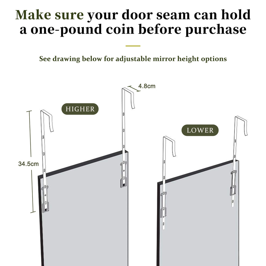 Dripex Over Door Mirror Full Length, 110 x 33cm/110 x 45cm Wall Mounted Mirror Door Hung Mirror for Bathroom/Bedroom/Wardrobe - Toughened Glass