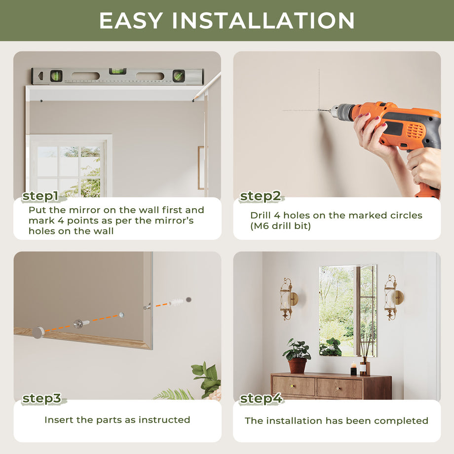 Dripex Frameless Bathroom Mirror, Wall Mounted Bathroom Mirror with Bevelled Edge & Pre-Drilled Holes for Dressing Room Bedroom Living Room