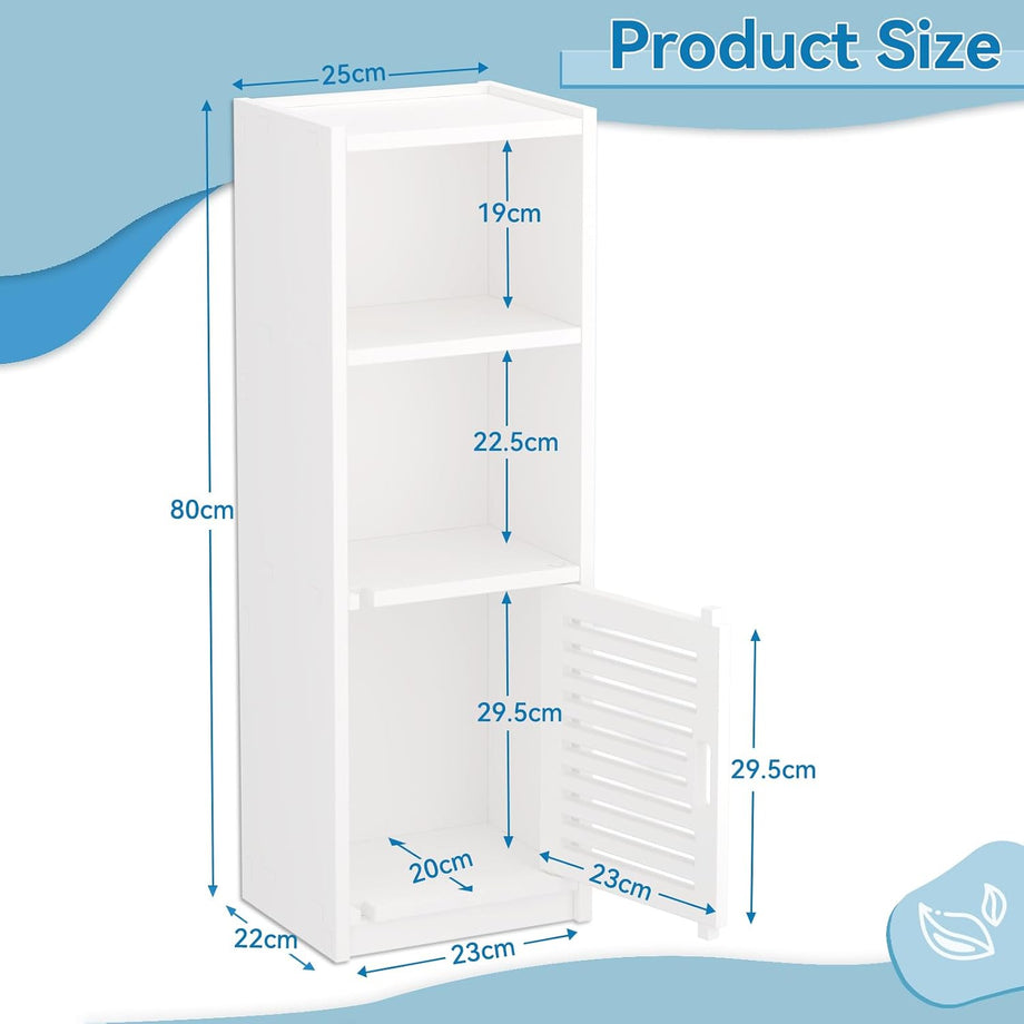 Dripex 3 Tier Bathroom Storage Cabinet White, 25W x 22D x 80H cm Waterproof Dustproof design, Compact Space-saving Size, Tool-free Disassembly, Free Standing