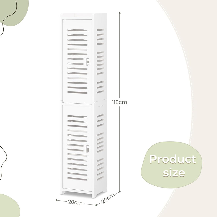 Dripex 7 Tier Tall Bathroom Floor Cabinet, 20W x 20D x 118H cm, Slim White Storage Cabinet with Door, Narrow Free Standing Cupboards Adjustable Shelves for Bathroom or Bedroom