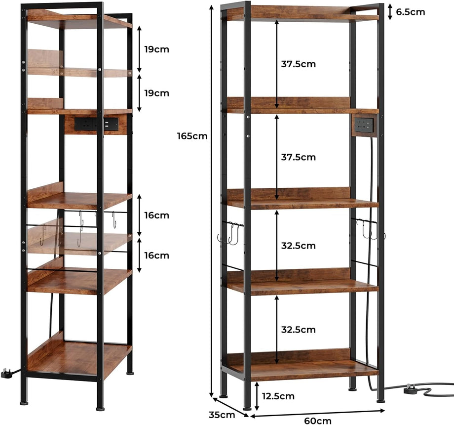 Dripex Baker's Rack with/without power outlet, 65" Freestanding Kitchen Storage Shelf Unit with Hooks, 5-Tier Versatile Standing Bookshelf for Home, Kitchen, Living Room