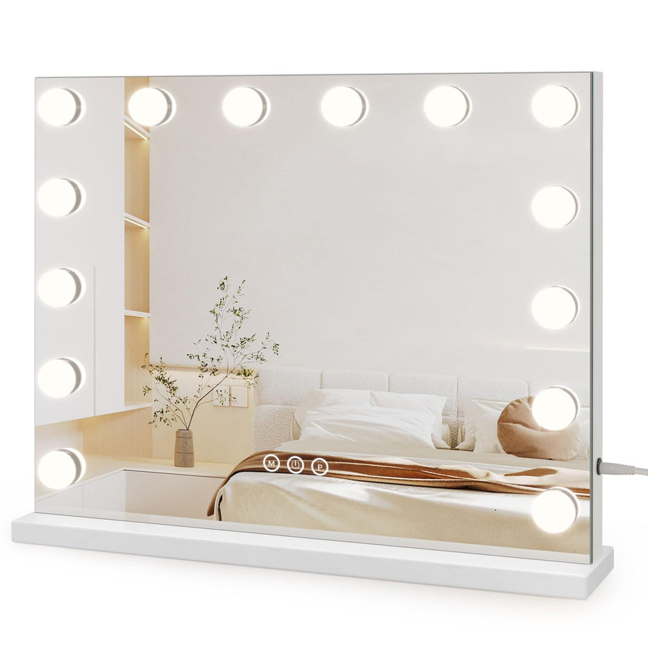 Dripex Hollywood Vanity Mirror with Lights, 50×42cm Large Lighted Makeup Mirror with 14 Dimmable LED Bulbs, USB Cable, Touchscreen Control, Cosmetic Tabletop Mirror for Bedroom, Dressing Room(White)