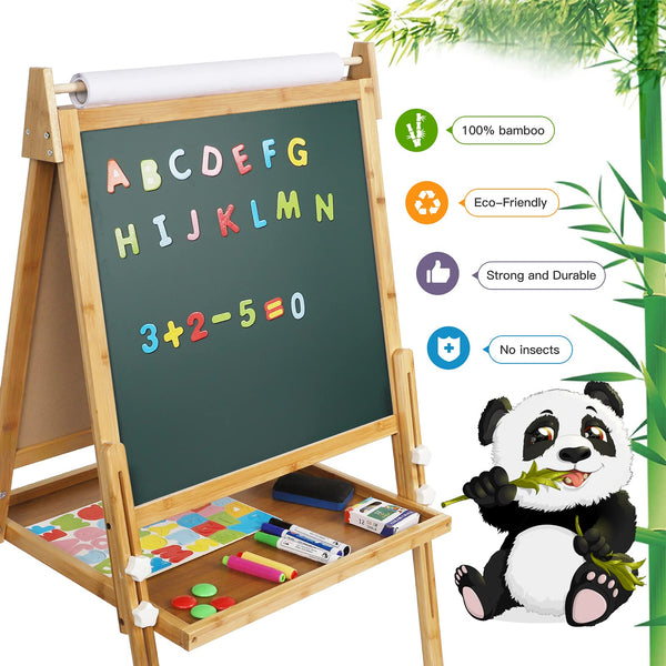Dripex Kids Easel Bamboo,Childrens Art Easel with Paper Roll,Double-Sided Height Adjustable Magnetic Chalkboard Easel,Kids Painting Blackboard with Other Accessories for Toddler