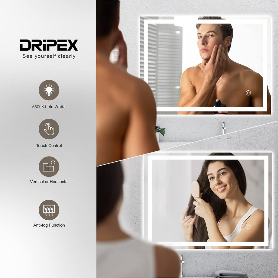 Dripex Bathroom Mirror with LED Lights, 600 * 800 MM Illuminated Bathroom Mirror Wall Mounted Vanity Mirror, Bathroom Light Mirror with Demister Pad, Horizontal/Vertical