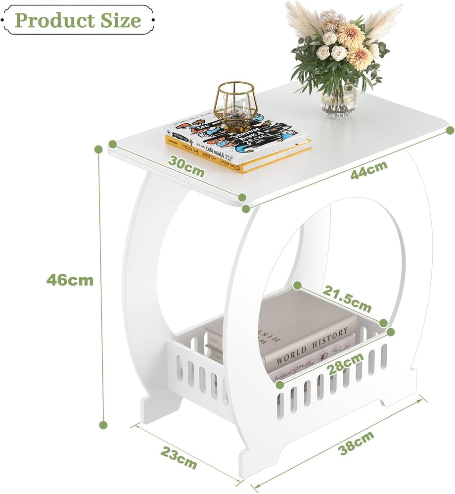 Dripex 2-Tier Side End Table with Storage Shelf Basket, White Small Bedside Table, Slim Arch Narrow Nightstand Small Spaces for Living Room, Bedroom, Bathroom, Balcony