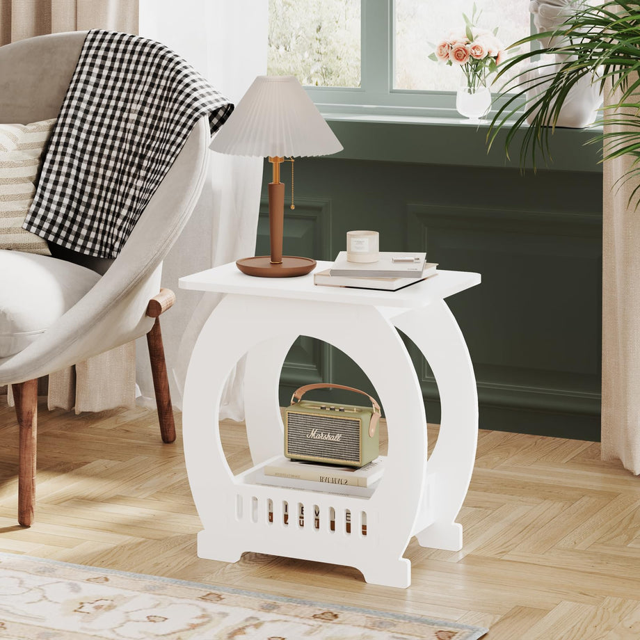 Dripex 2-Tier Side End Table with Storage Shelf Basket, White Small Bedside Table, Slim Arch Narrow Nightstand Small Spaces for Living Room, Bedroom, Bathroom, Balcony