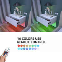 Dripex Floating Bedside Table with RGB LED Lights Wall Mounted Bedside Cabinet with Drawer High Gloss Front Cream White Bedside Drawer For Bedroom, Hotel