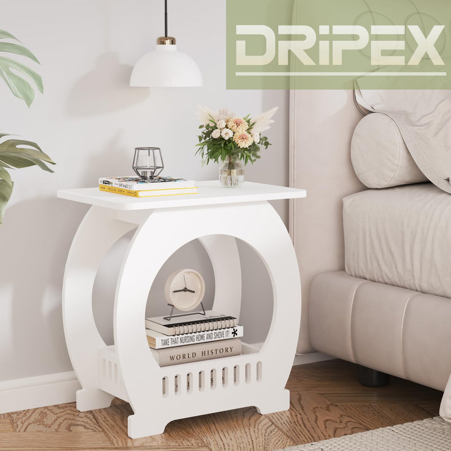 Dripex 2-Tier Side End Table with Storage Shelf Basket, White Small Bedside Table, Slim Arch Narrow Nightstand Small Spaces for Living Room, Bedroom, Bathroom, Balcony