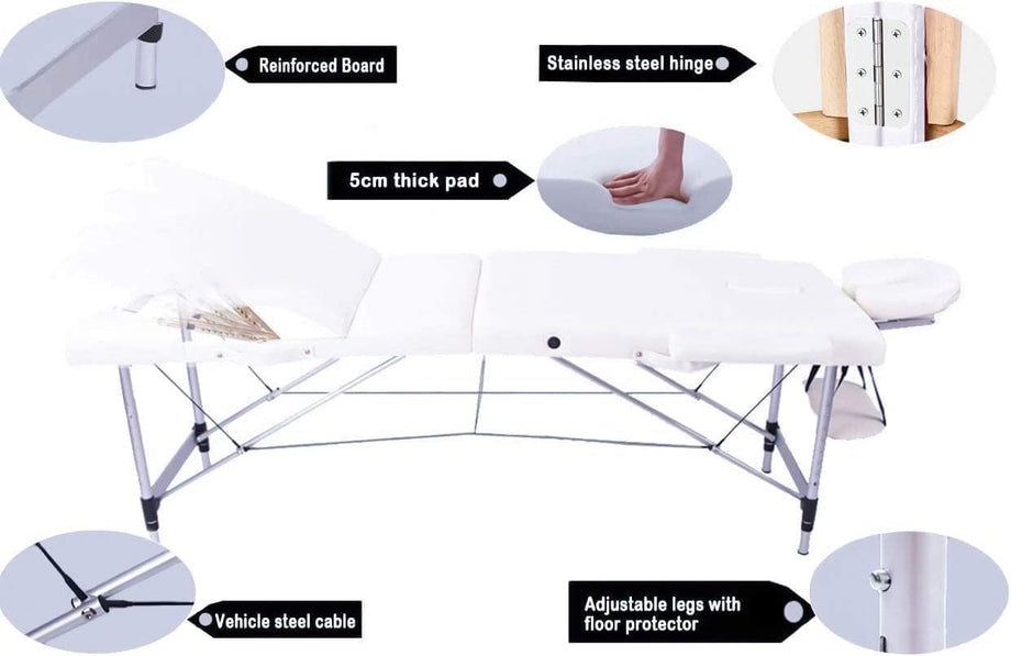 Vesgantti Portable Massage Bed Table - 3-Section Aluminum Foldable Beauty Couch for Reiki Therapy Treatment Salon Healing - Metal Headrest Support/with Carry Bag (Black)