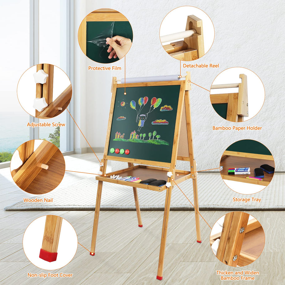 Dripex Kids Easel Bamboo,Childrens Art Easel with Paper Roll,Double-Sided Height Adjustable Magnetic Chalkboard Easel,Kids Painting Blackboard with Other Accessories for Toddler