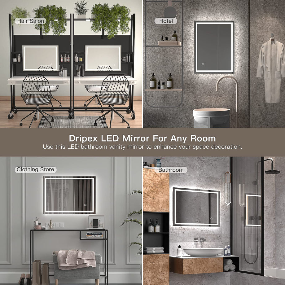 Dripex Bathroom Mirror with LED Lights, 600 * 800 MM Illuminated Bathroom Mirror Wall Mounted Vanity Mirror, Bathroom Light Mirror with Demister Pad, Horizontal/Vertical