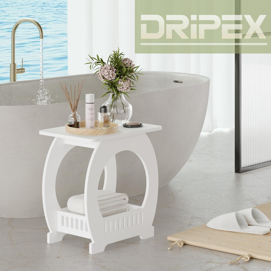 Dripex 2-Tier Side End Table with Storage Shelf Basket, White Small Bedside Table, Slim Arch Narrow Nightstand Small Spaces for Living Room, Bedroom, Bathroom, Balcony