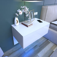 Dripex Floating Bedside Table with RGB LED Lights Wall Mounted Bedside Cabinet with Drawer High Gloss Front Cream White Bedside Drawer For Bedroom, Hotel