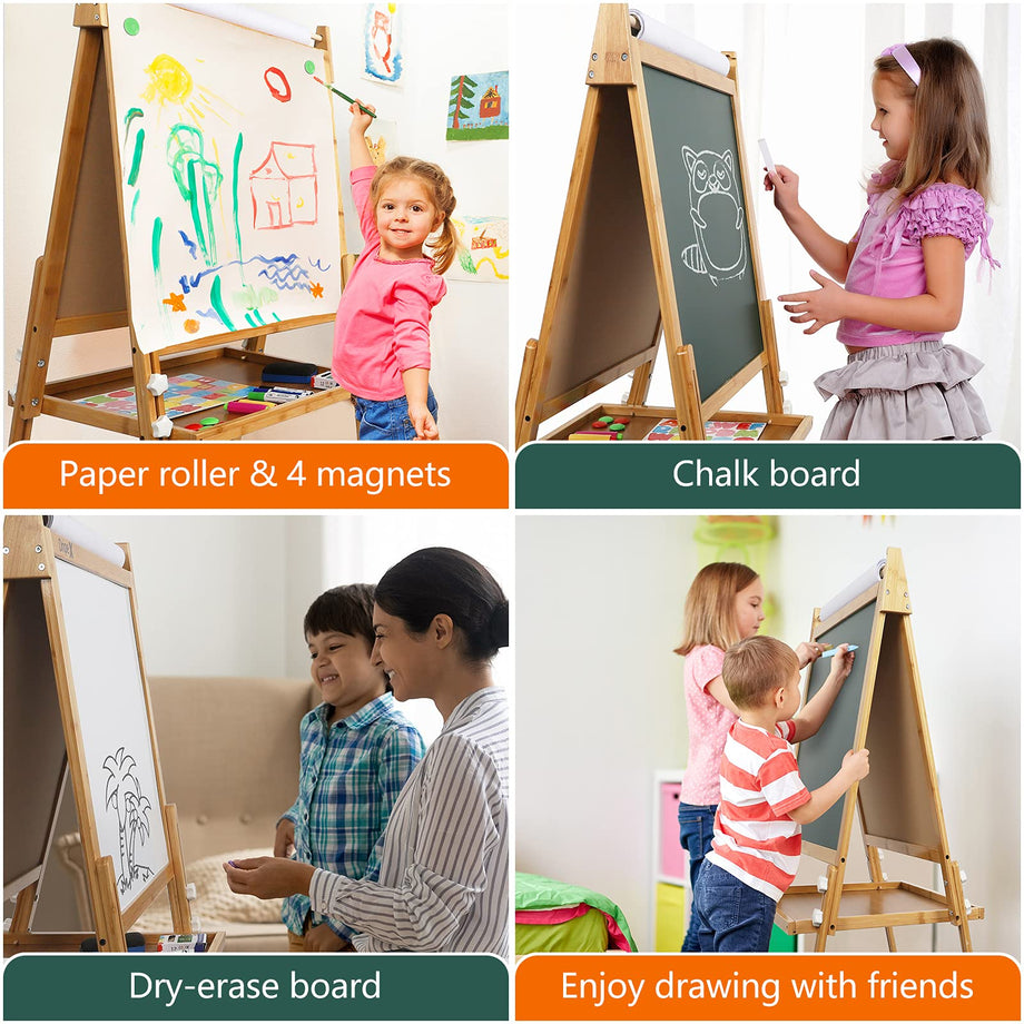 Dripex Kids Easel Bamboo,Childrens Art Easel with Paper Roll,Double-Sided Height Adjustable Magnetic Chalkboard Easel,Kids Painting Blackboard with Other Accessories for Toddler