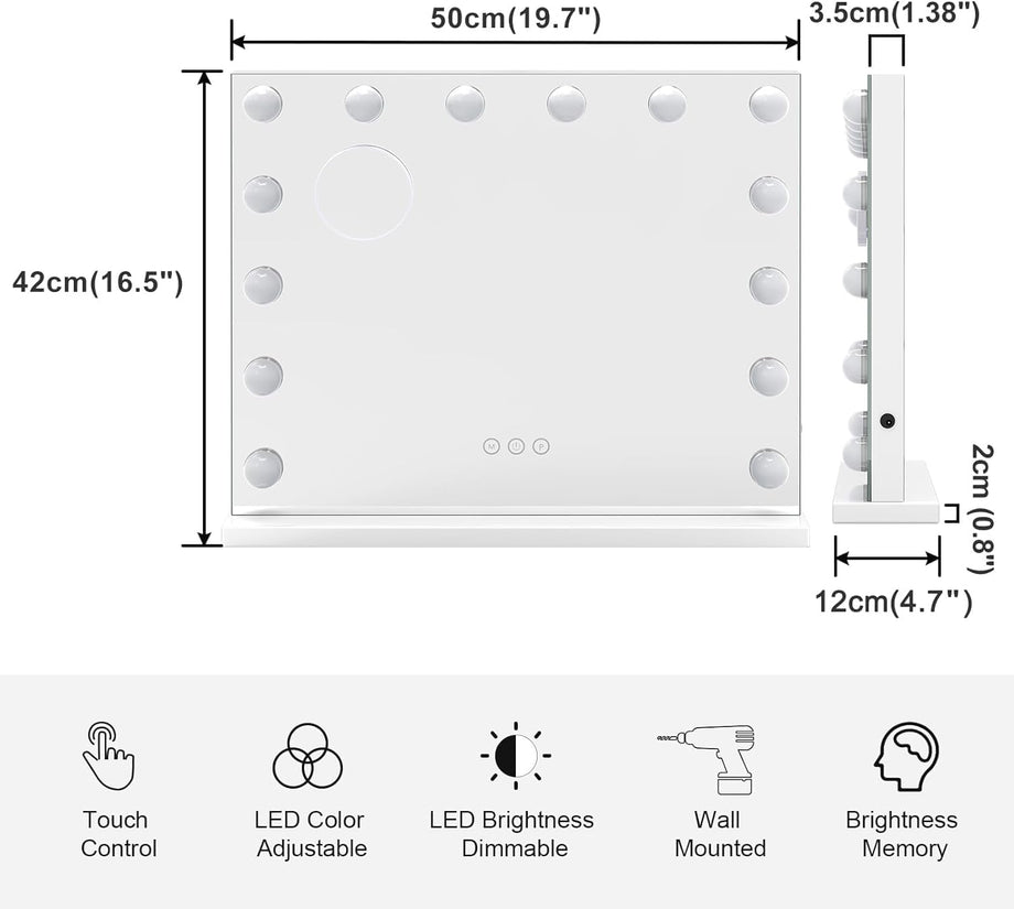 Dripex Hollywood Vanity Mirror with Lights, 50×42cm Large Lighted Makeup Mirror with 14 Dimmable LED Bulbs, USB Cable, Touchscreen Control, Cosmetic Tabletop Mirror for Bedroom, Dressing Room(White)