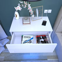 Dripex Floating Bedside Table with RGB LED Lights Wall Mounted Bedside Cabinet with Drawer High Gloss Front Cream White Bedside Drawer For Bedroom, Hotel
