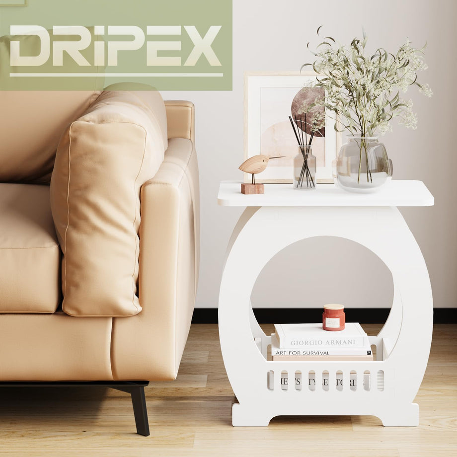 Dripex 2-Tier Side End Table with Storage Shelf Basket, White Small Bedside Table, Slim Arch Narrow Nightstand Small Spaces for Living Room, Bedroom, Bathroom, Balcony